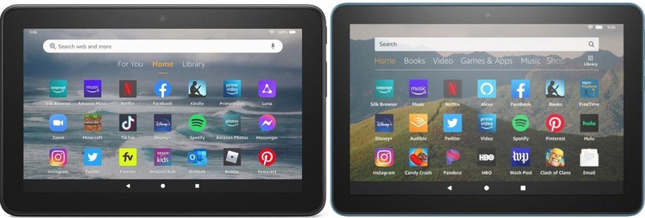 Two Amazon Fire tablets in landscape orientation displaying their home screens.
