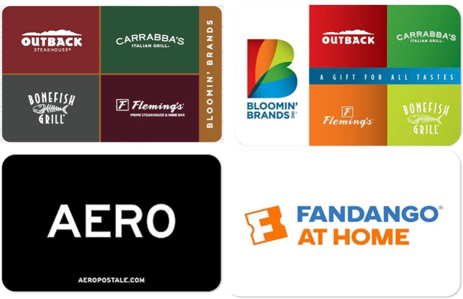 two outback brand, aero, and fandango gift cards