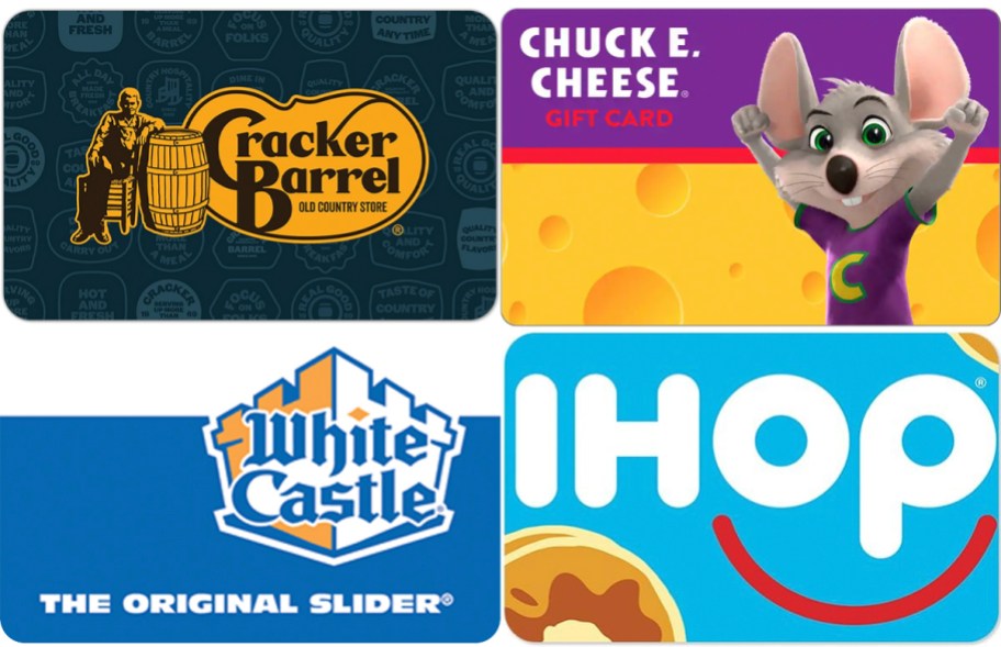 cracker barrel, chuck e cheese, white castle, and ihop gift cards