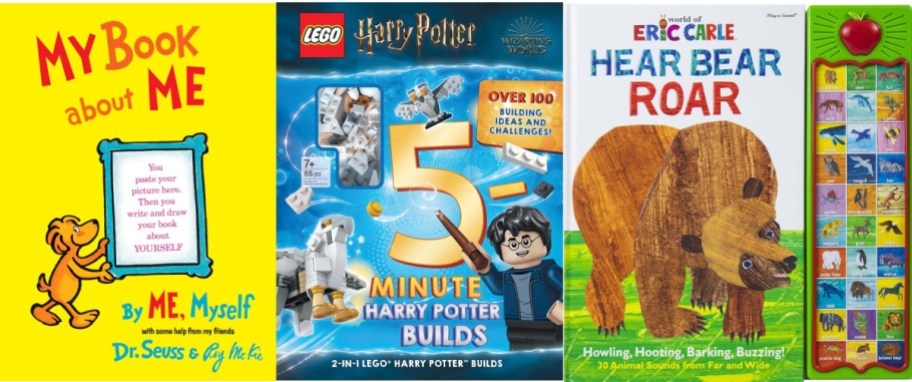 Three children's books are displayed: "My Book About Me" by Dr. Seuss, "5-Minute Harry Potter Builds" featuring LEGO, and "Hear Bear Roar" with colorful illustrations of a bear and a collection of animal sounds.