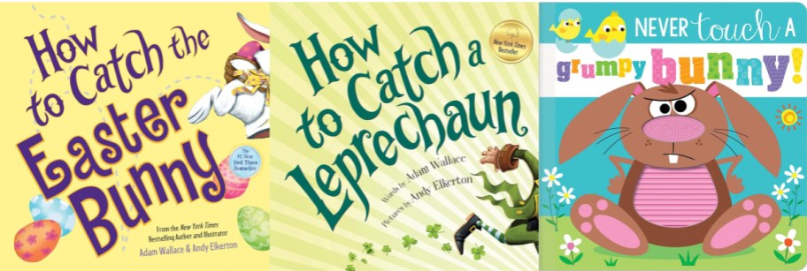 Three children's books are displayed: "How to Catch the Easter Bunny," "How to Catch a Leprechaun," and "Never Touch a Grumpy Bunny!" Each book has colorful illustrations and playful titles.