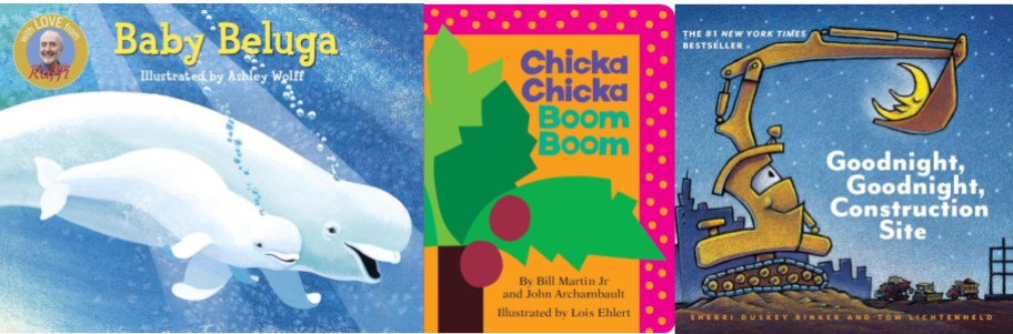 Three children's book covers: "Baby Beluga" by Ashley Wolff featuring beluga whales; "Chicka Chicka Boom Boom" by Bill Martin Jr. and John Archambault illustrated by Lois Ehlert with colorful letters; and "Goodnight, Goodnight, Construction Site" illustrated by Tom Lichtenheld showing a construction crane at night.