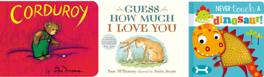 Three children's book covers featuring illustrations: the left cover has a bear in a red background, titled "Corduroy." The middle cover shows two hares with the title "Guess How Much I Love You." The right cover features a colorful dinosaur and is titled "Never Touch A Dinosaur!"