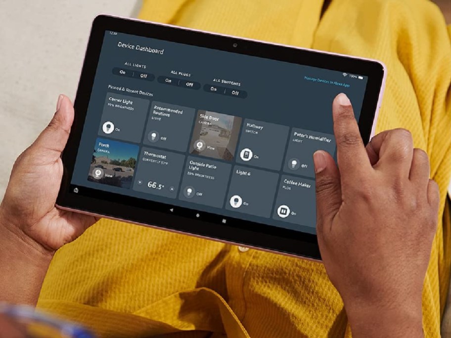 A woman using a Kindle.