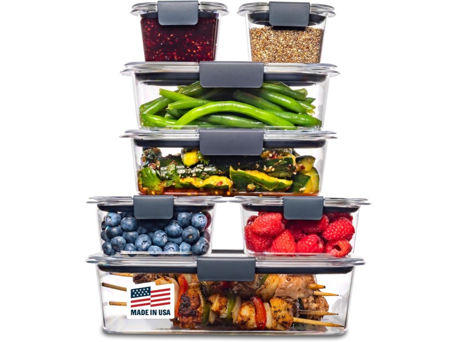 food storage set filled with food stacked 