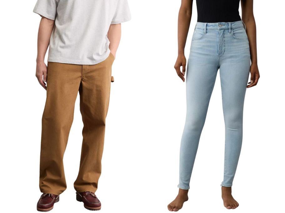 a man and a woman wearing american eagle jeans