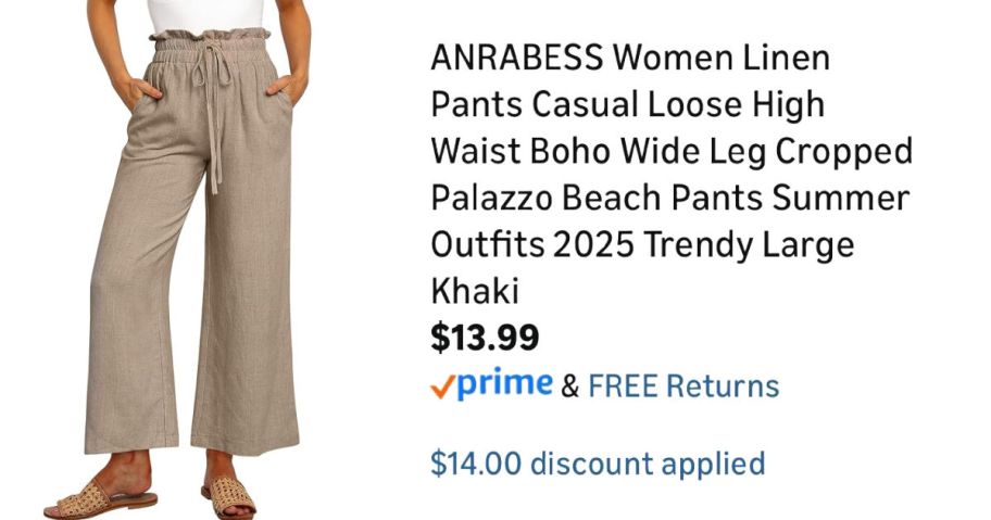 woman wearing tan pants next to Amazon pricing information
