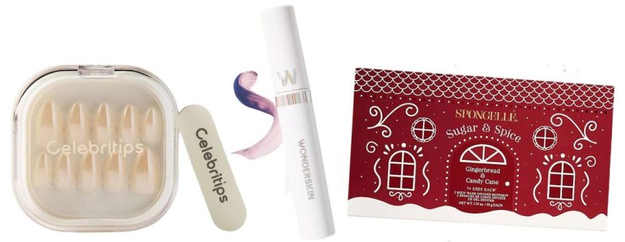 press on nails, lip satin, and Spongell&eacute; gift set