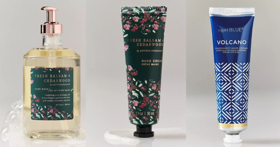 Anthropologie Seasonal Liquid Soap, hand cream, and Capri Blue Volcano Hand Cream