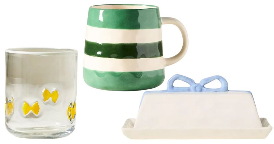 a juice glass, a mug, and a butter dish