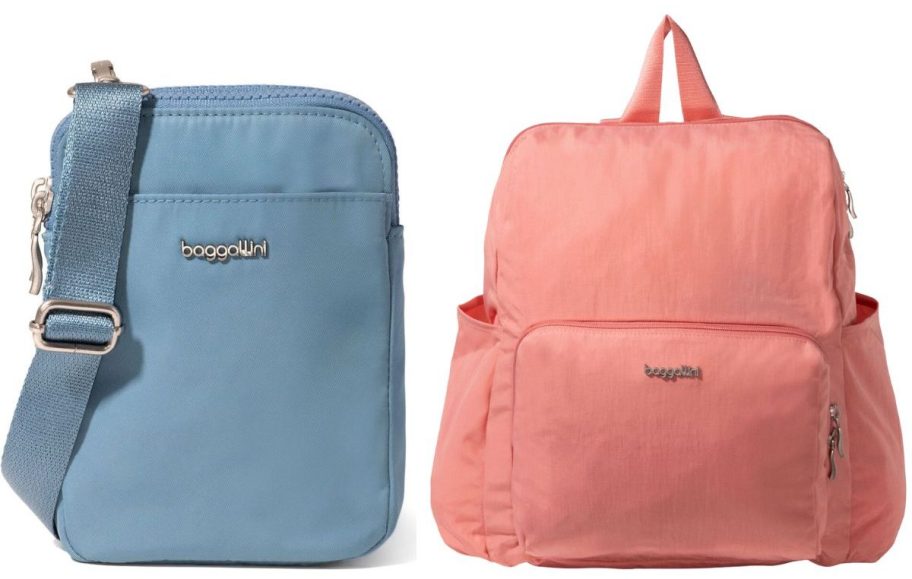 two different baggallini bags in blue and salmon colored