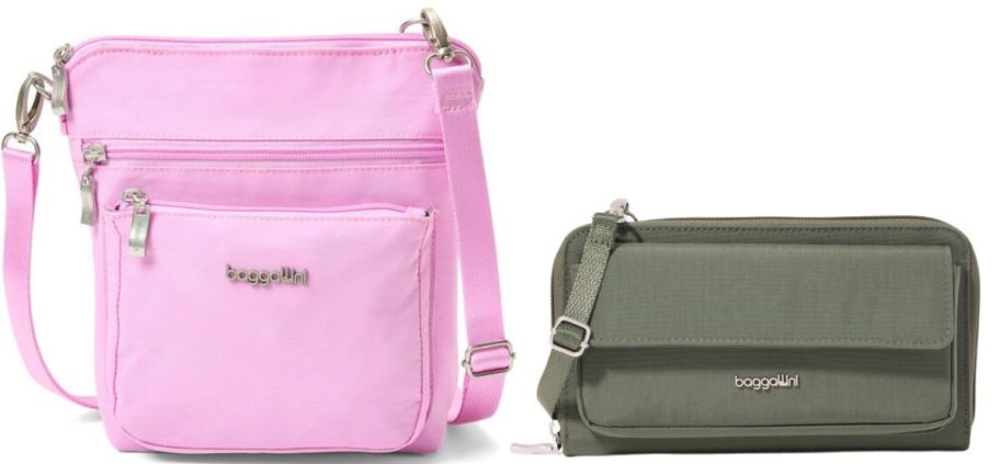 two baggallini bags in pink and green