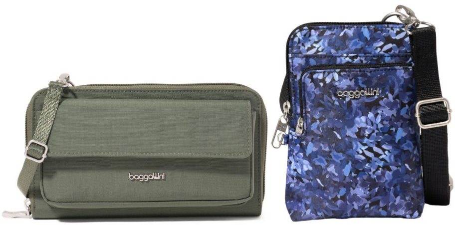 two different baggallini crossbody bags in green and blue