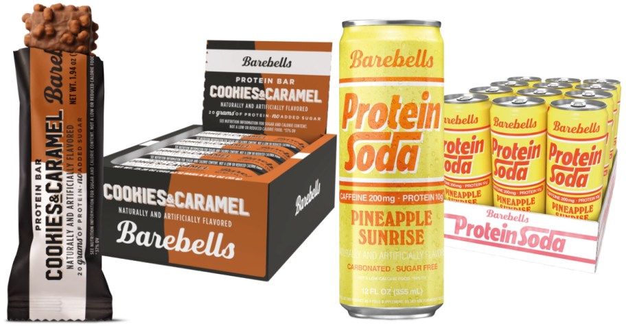 A box of Barebells protein bars and Barebells protein soda.