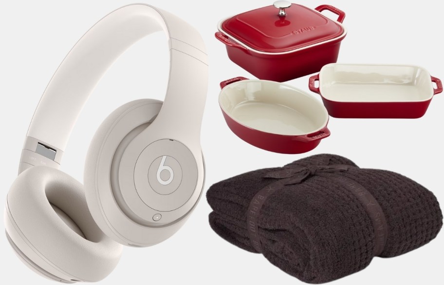 a pair of beats studio pro, 4 piece staub ceramic bakeware barefoot dreams thro