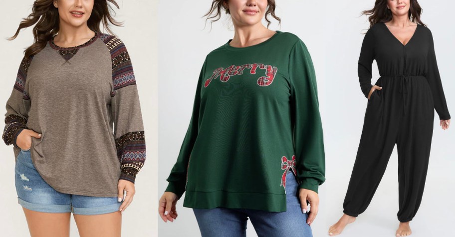 women wearing brown and green tops and black jumpsuit