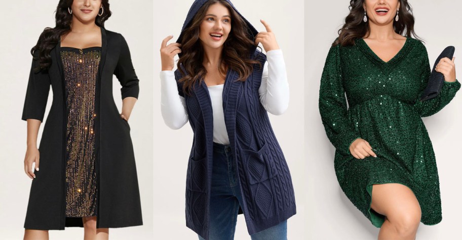 women wearing black dress, blue cardigan, and green dress