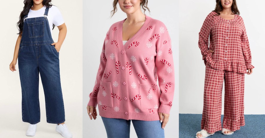 women wearing overalls, pink sweater, and red pajamas