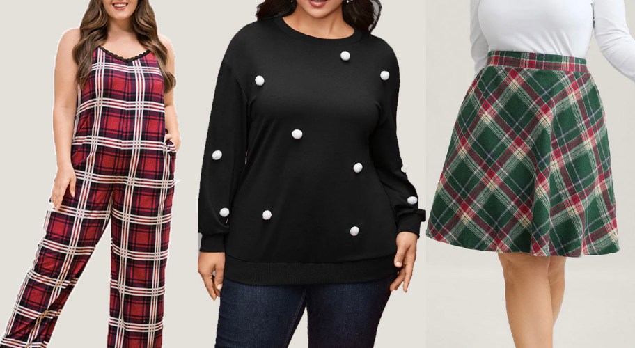 women wearing red plaid jumpsuit, black sweater, and green plaid skirt