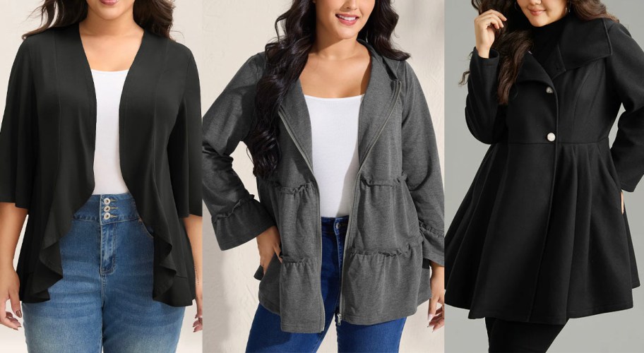 three women wearing black and gray jackets