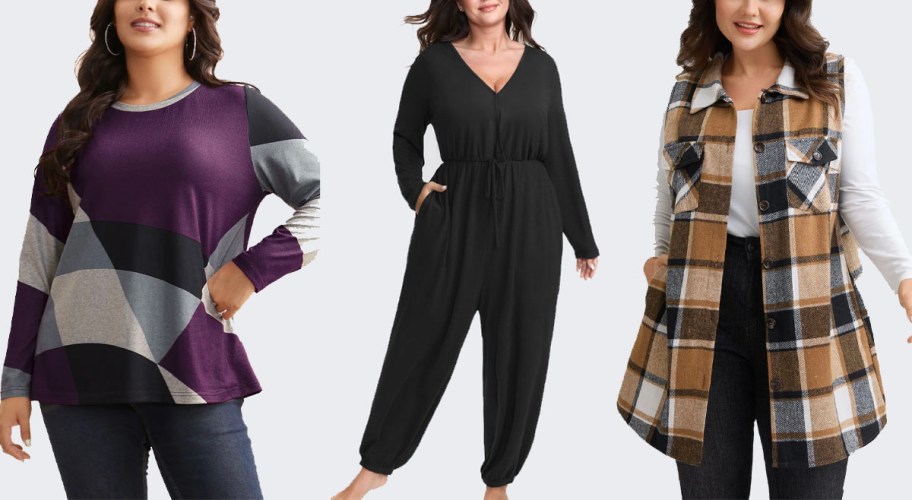 three women wearing purple and gray sweatshirt, black jumpsuit and checkered long vest