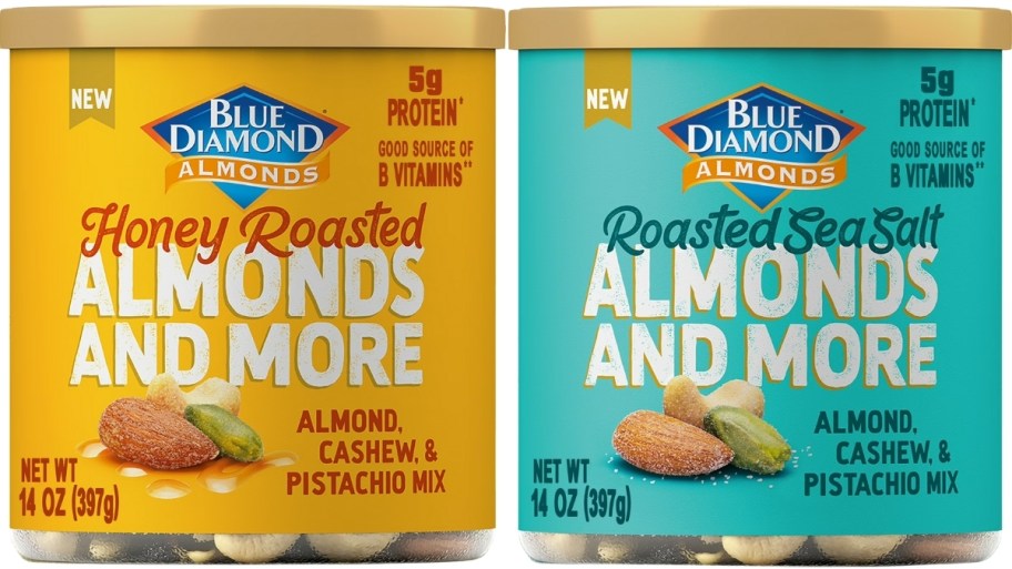 two cans of mixed nuts in two different flavors