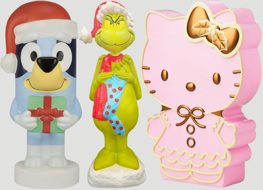 bluey, grinch and hello hetty blow molds