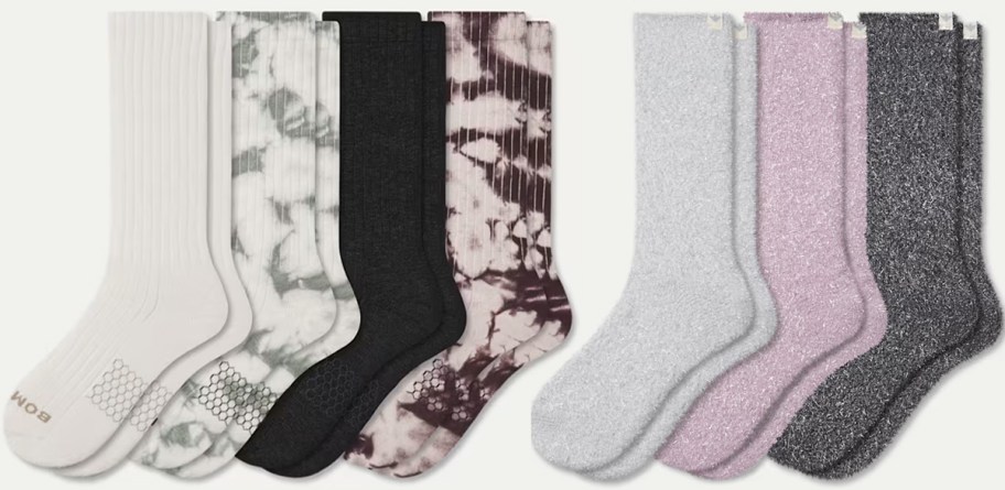 white, gray, and purple socks 