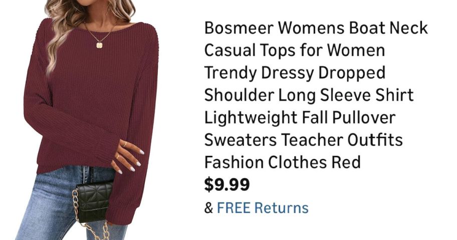 woman wearing red sweater next to Amazon pricing information