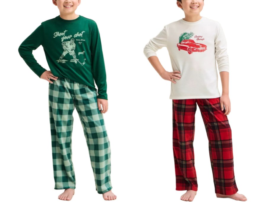 Cat & Jack boys' holiday long-sleeve pajama sets including a dark green shirt with a hockey graphic and "Shoot your shot" text paired with light and dark green plaid pants, and an off-white shirt with a red car carrying a Christmas tree paired with red and black plaid pants.