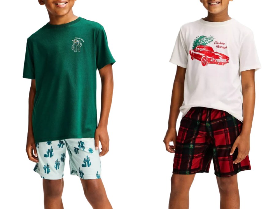 Cat & Jack boys' holiday pajama sets including a green short-sleeve shirt paired with light blue cactus-print shorts, and a white shirt featuring a red car graphic with a Christmas tree paired with red and black plaid shorts.