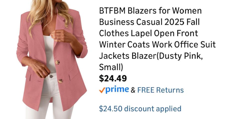 woman wearing pink blazer next to Amazon pricing information