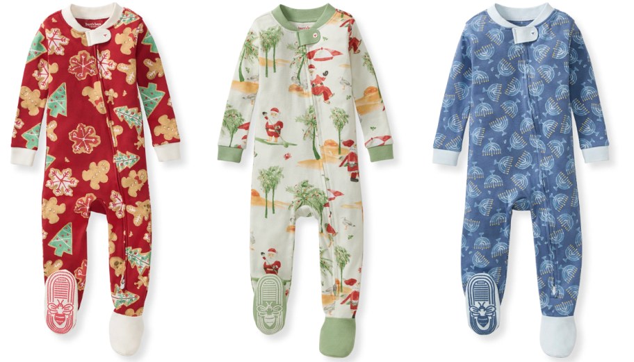 Children's pajamas with gingerbread, beach Santa and menorah 