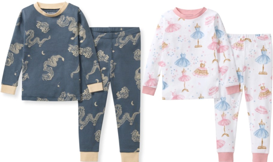 Two sets of Burt's Bees Baby two-piece pajamas, one dark blue with a dragon pattern and the other white with a ballerina dress print, displayed against a white background.