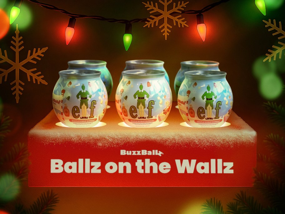 6 Buzz Ballz beverages on a red cooling shelf