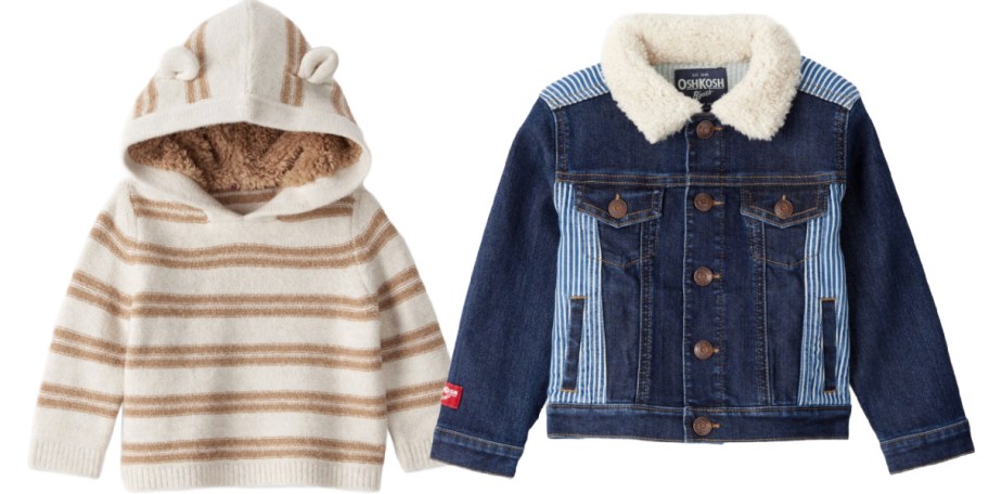 striped tan baby hoodie and denim jacket