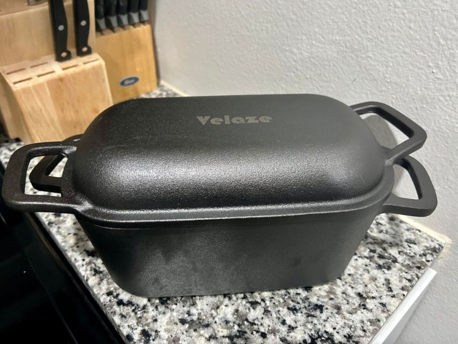 black cast iron loaf pan on counter