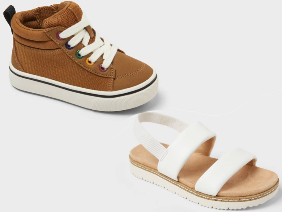 brown high top and white sandals shoes