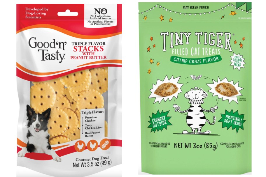 biscuit dog treats + green bag cat treats