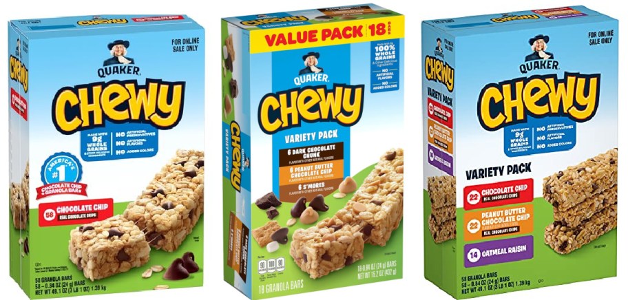 Three boxes of Quaker chewy granola bars.
