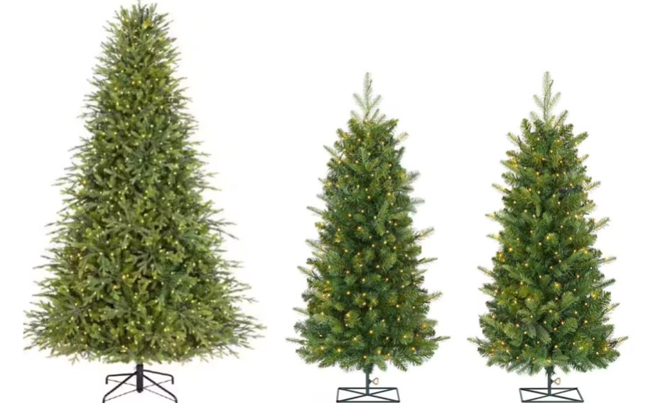 three green christmas trees