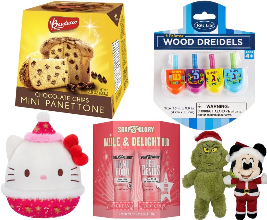 pannetone, dredle toy, hello kitty plush, gift set,, and dog squeaker toys