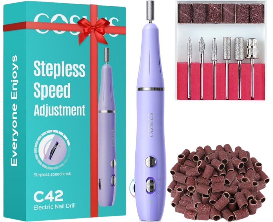 a purple nail drill shown with drill bits and sanding bands