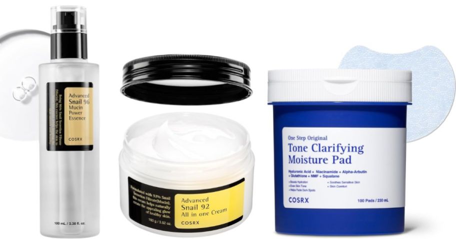 COSRX Snail Mucin Serum 100ml, 92% Face Moisturizer 3.52oz, and OneStep Original Tone Clarifying Moisture Pad 100-Count