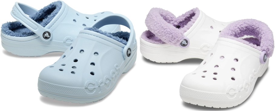 blue and white lined crocs 
