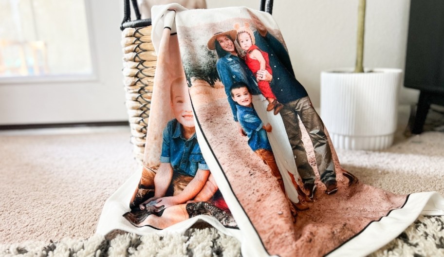 two custom photo blankets spilling out of a basket