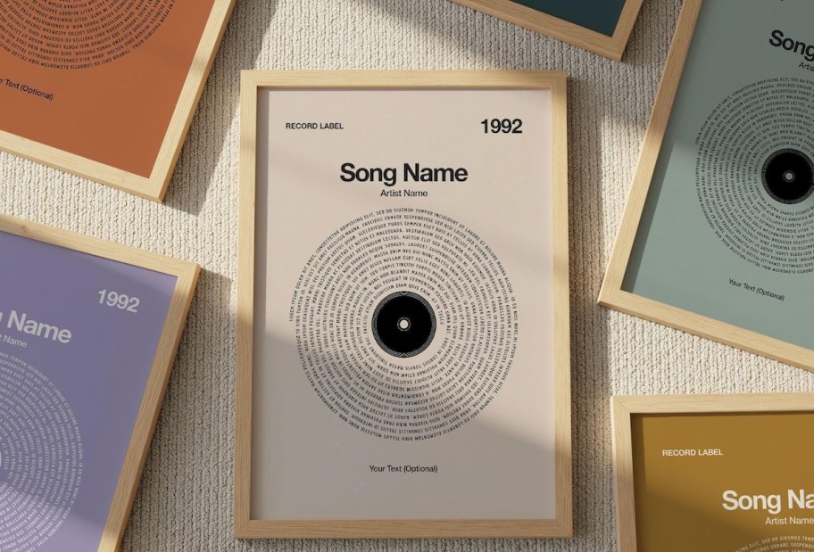 poster of song lyrics in shape of vinyl on framed print