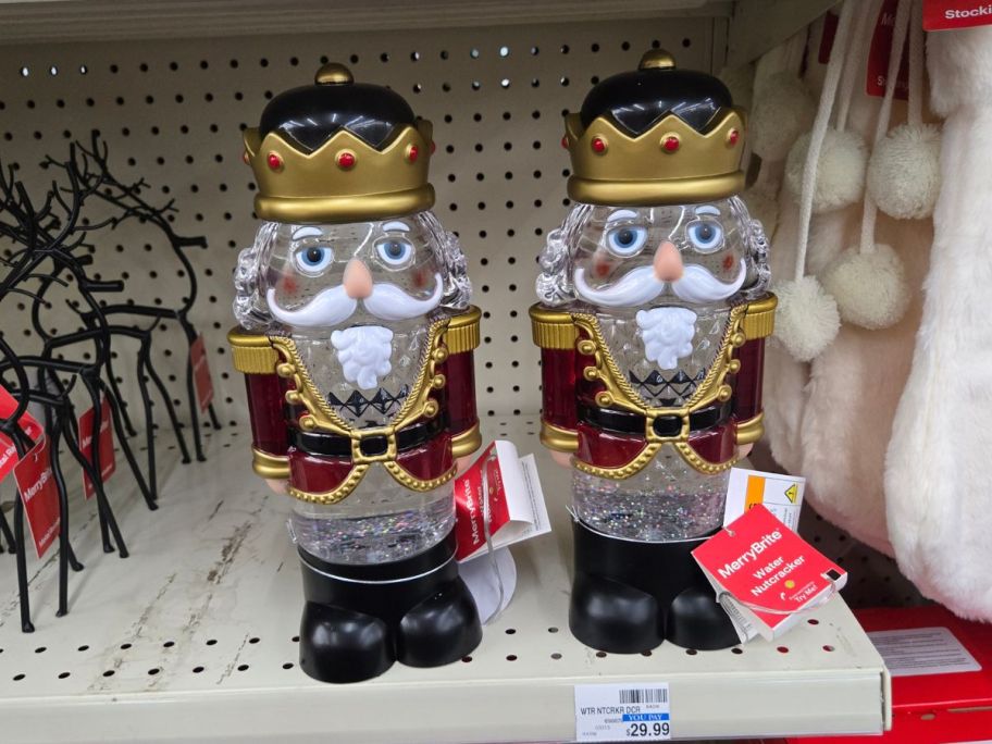 Merry Brite Light-Up Water Nutcracker Décor on shelf in store