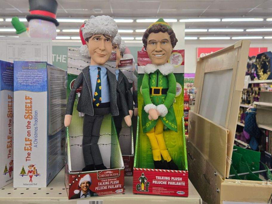 National Lampoon's Clark Griswold and buddy the elf Talking Plush on shelf in store
