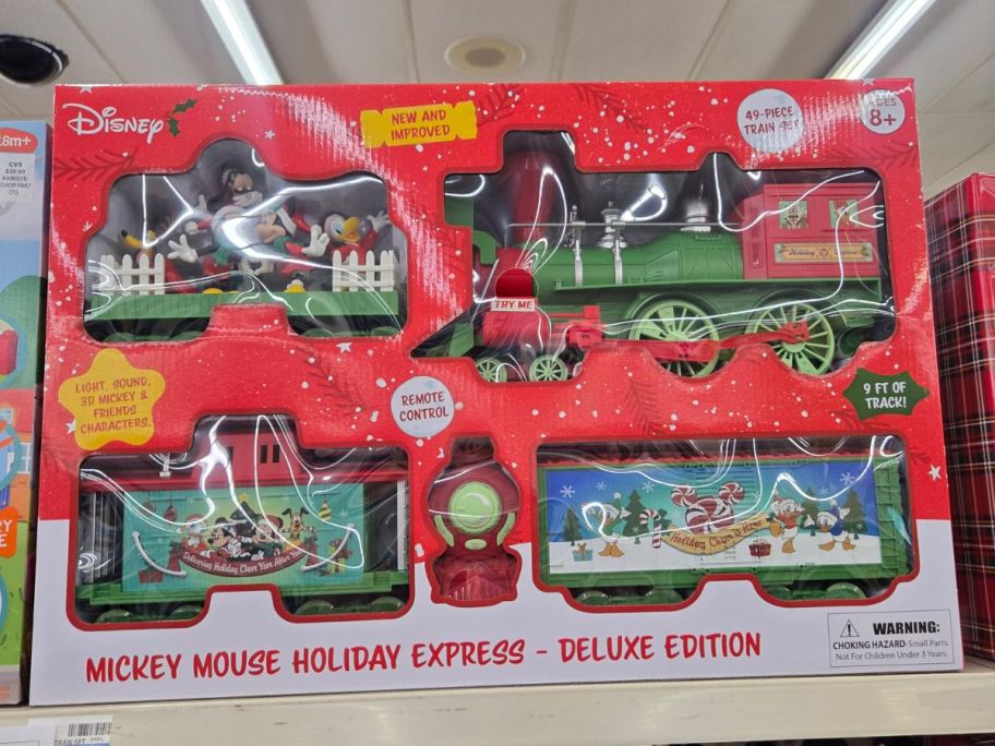 Disney Mickey Mouse Holiday Express Deluxe Edition Train Set on shelf in store